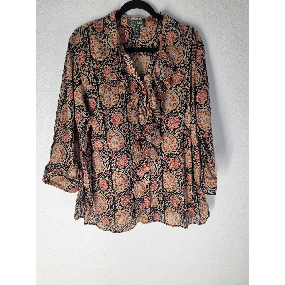 Lauren Ralph Blouse 2X Paisley Cotton Boho Collared Black Pink Top Ruffle